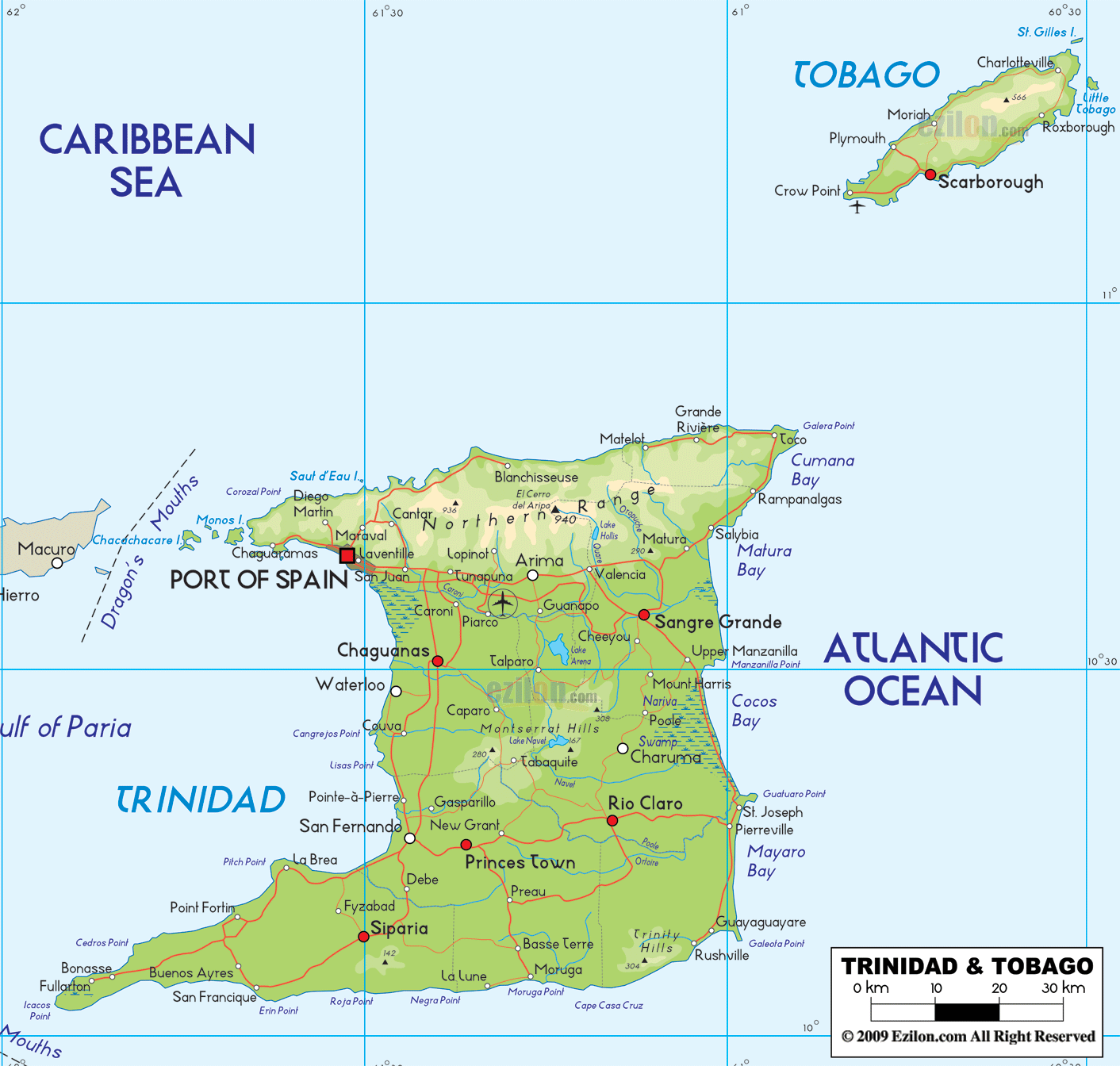 Trinite et Tobago physique carte